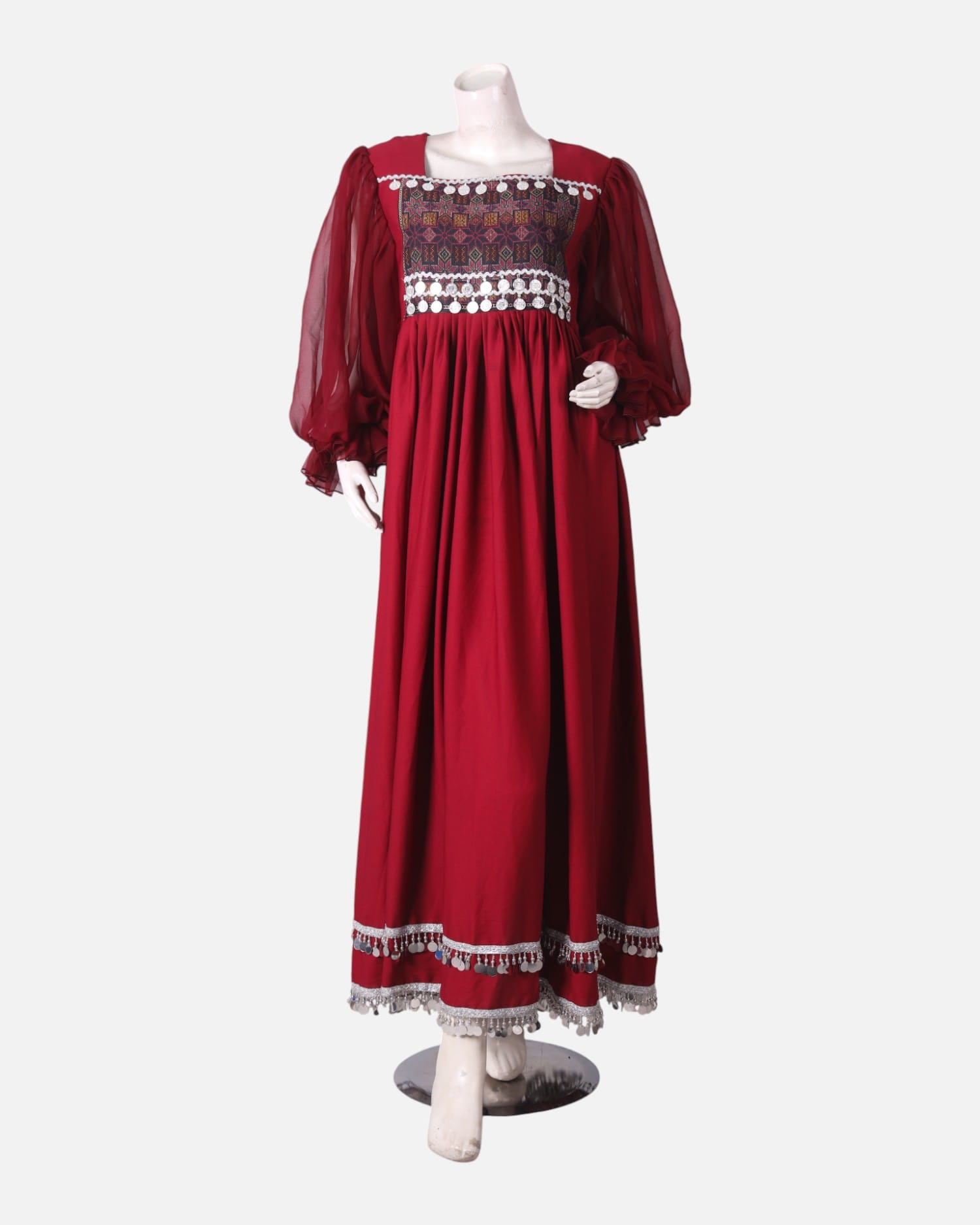 Red Afghan Kuchi Dress – Handmade Embroidered Dress with Coins