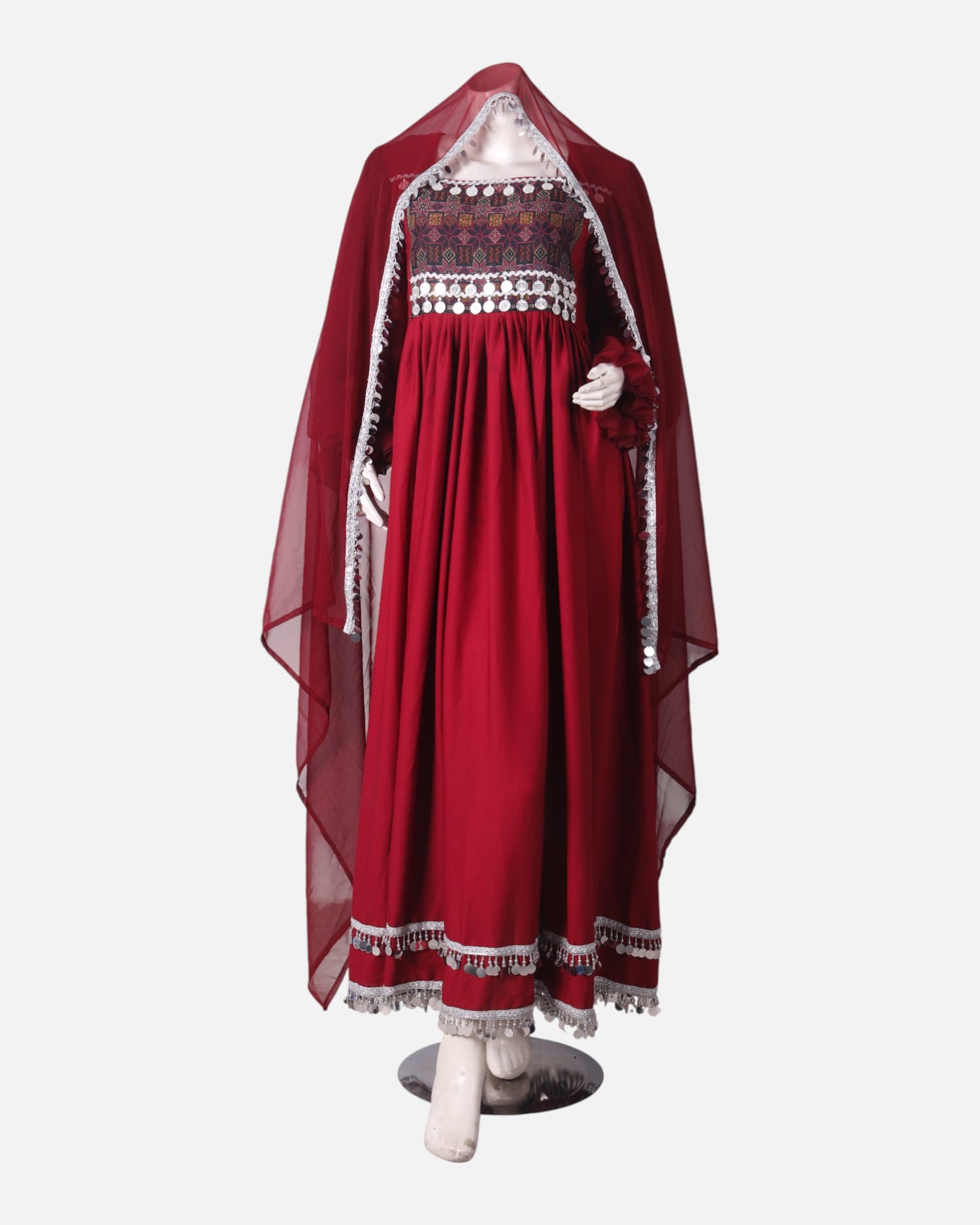 Red Afghan Kuchi Dress – Handmade Embroidered Dress with Coins