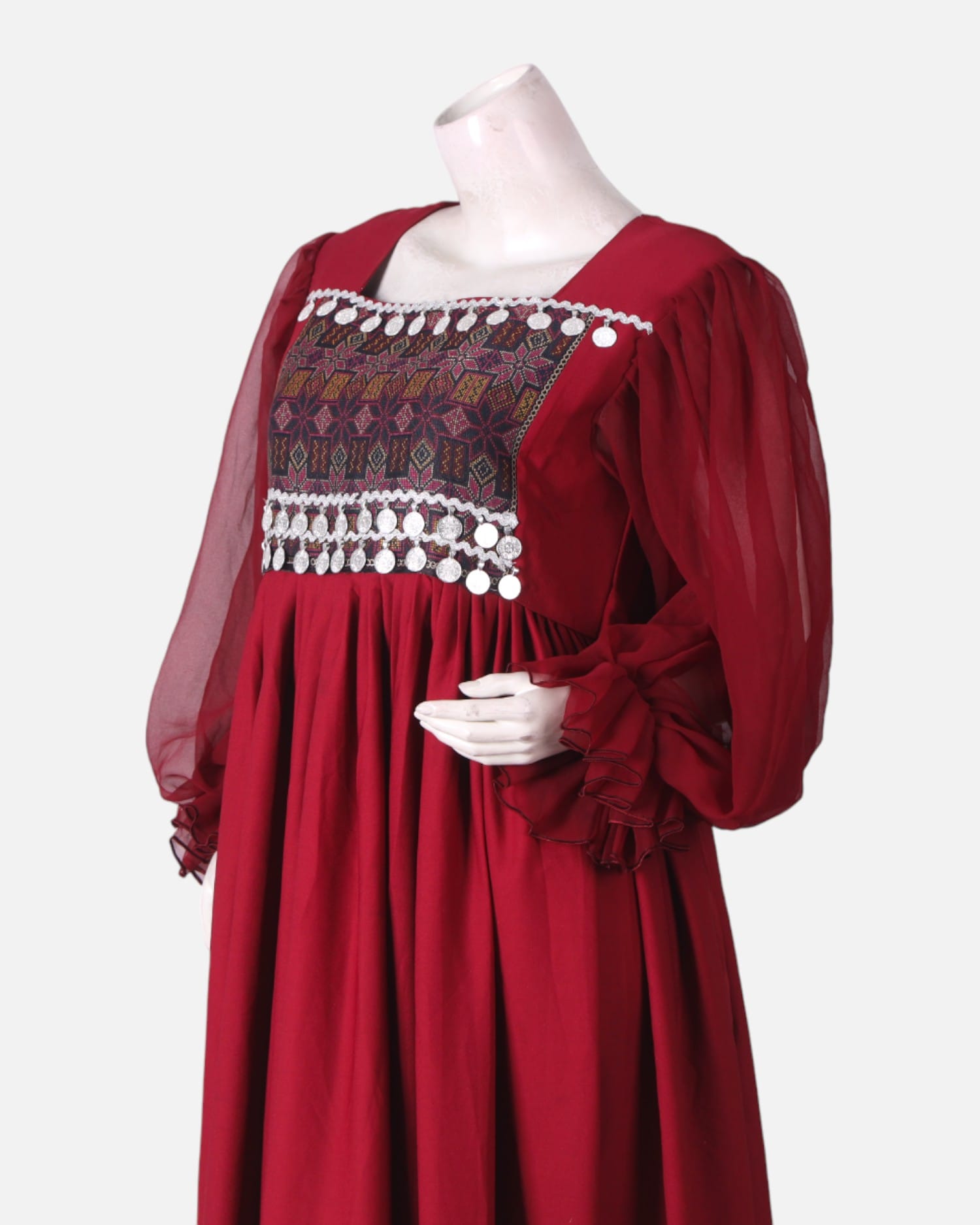 Red Afghan Kuchi Dress – Handmade Embroidered Dress with Coins