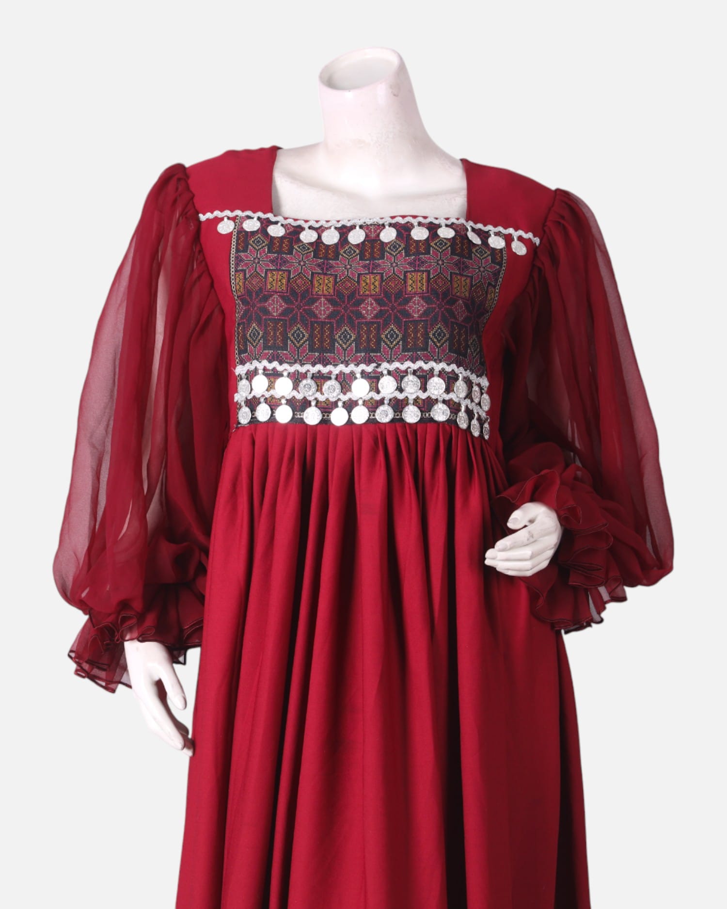 Red Afghan Kuchi Dress – Handmade Embroidered Dress with Coins