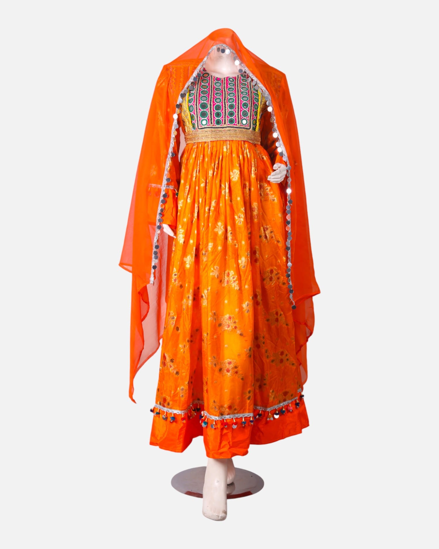 Orange Afghan Dress – Handmade Yellow Embroidered Waist Belt