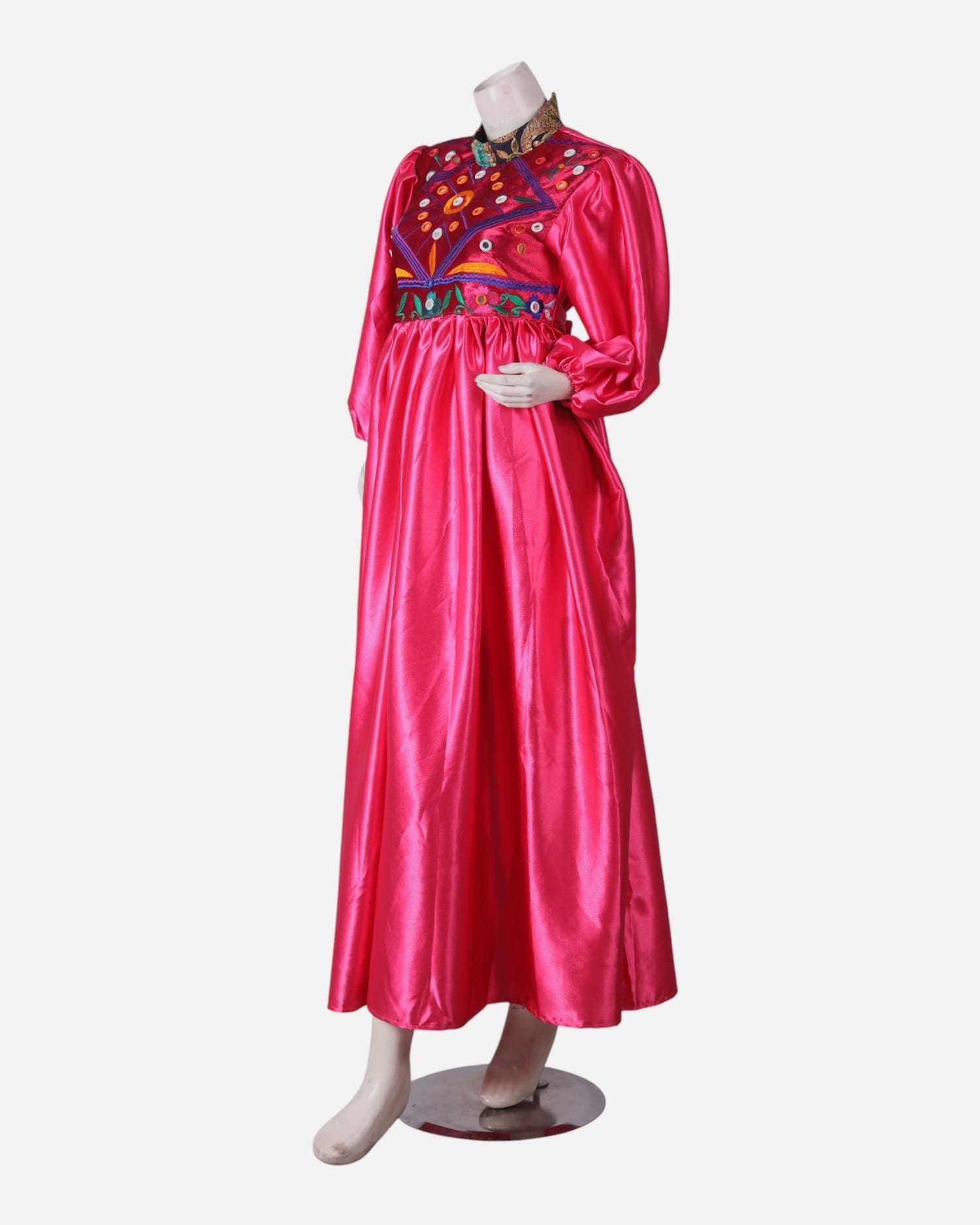 Pink Afghan Dress | Hand Embroidered Pink And Gold Afghan Gown with Coins And Mirror Work