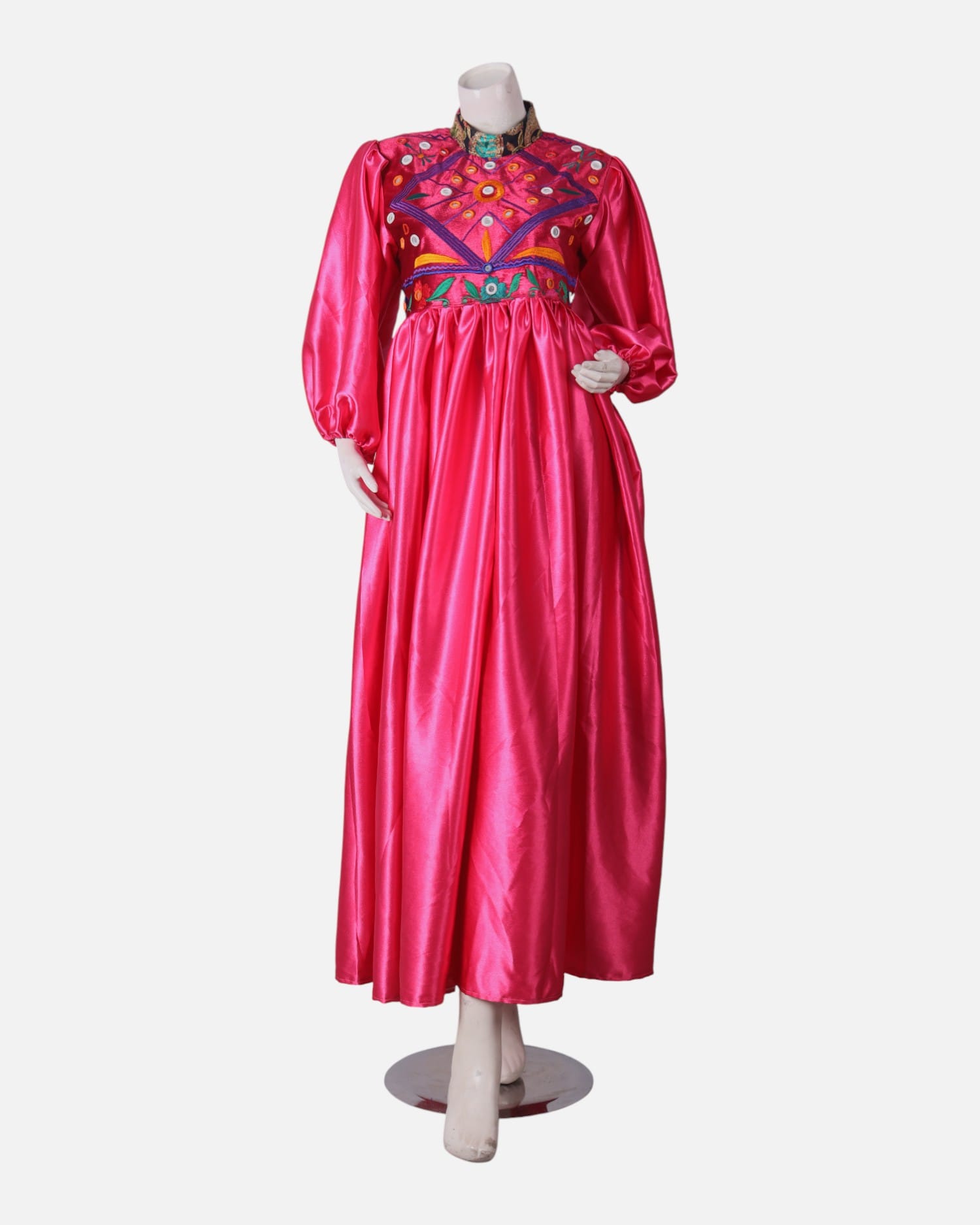 Pink Afghan Dress | Hand Embroidered Pink And Gold Afghan Gown with Coins And Mirror Work