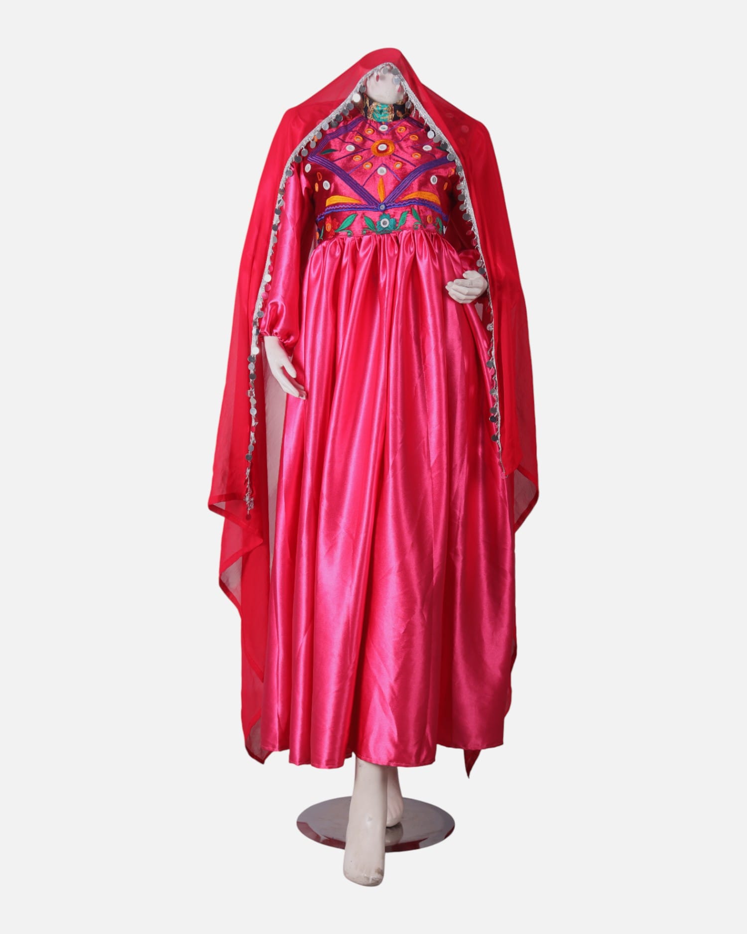 Pink Afghan Dress | Hand Embroidered Pink And Gold Afghan Gown with Coins And Mirror Work