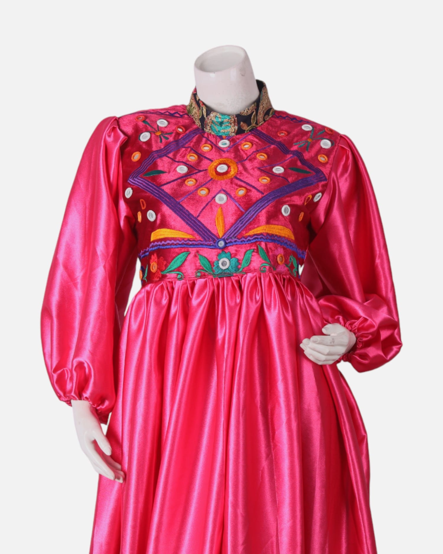 Pink Afghan Dress | Hand Embroidered Pink And Gold Afghan Gown with Coins And Mirror Work
