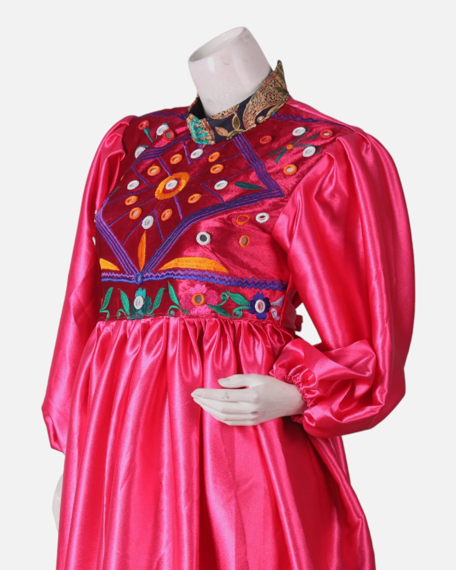 Pink Afghan Dress | Hand Embroidered Pink And Gold Afghan Gown with Coins And Mirror Work