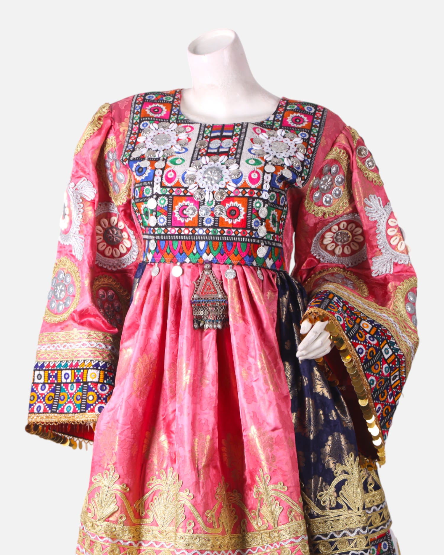 Luxury Pink Afghani Dress | Hand Embroidered Pink And Gold Afghan Gown with Coins And Mirror Work