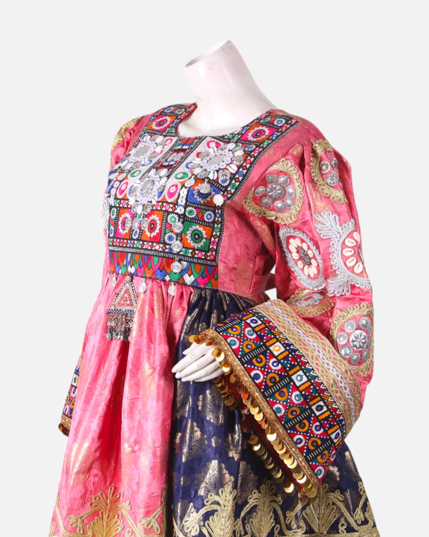 Luxury Pink Afghani Dress | Hand Embroidered Pink And Gold Afghan Gown with Coins And Mirror Work