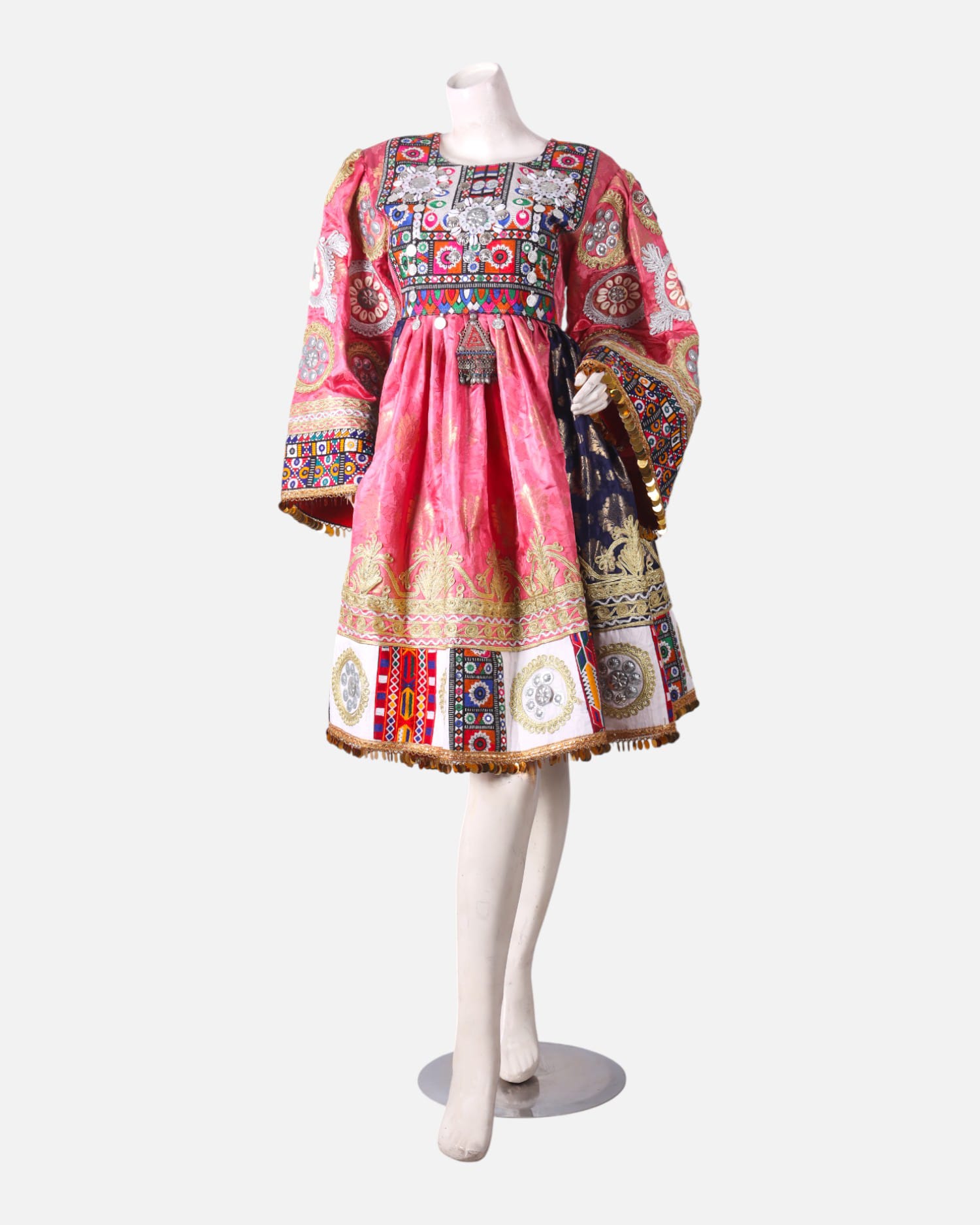 Luxury Pink Afghani Dress | Hand Embroidered Pink And Gold Afghan Gown with Coins And Mirror Work