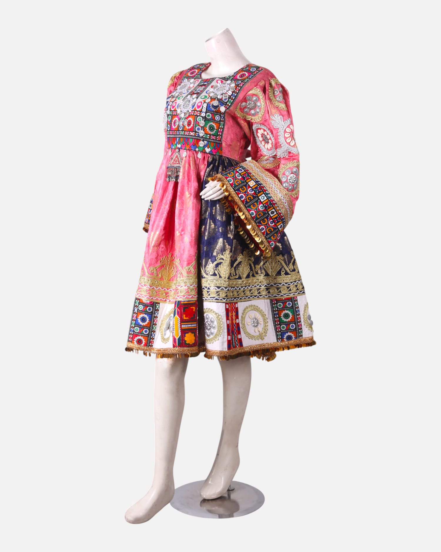 Luxury Pink Afghani Dress | Hand Embroidered Pink And Gold Afghan Gown with Coins And Mirror Work