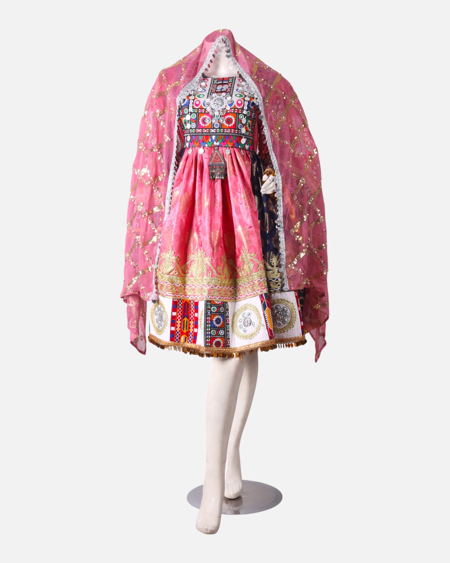 Luxury Pink Afghani Dress | Hand Embroidered Pink And Gold Afghan Gown with Coins And Mirror Work