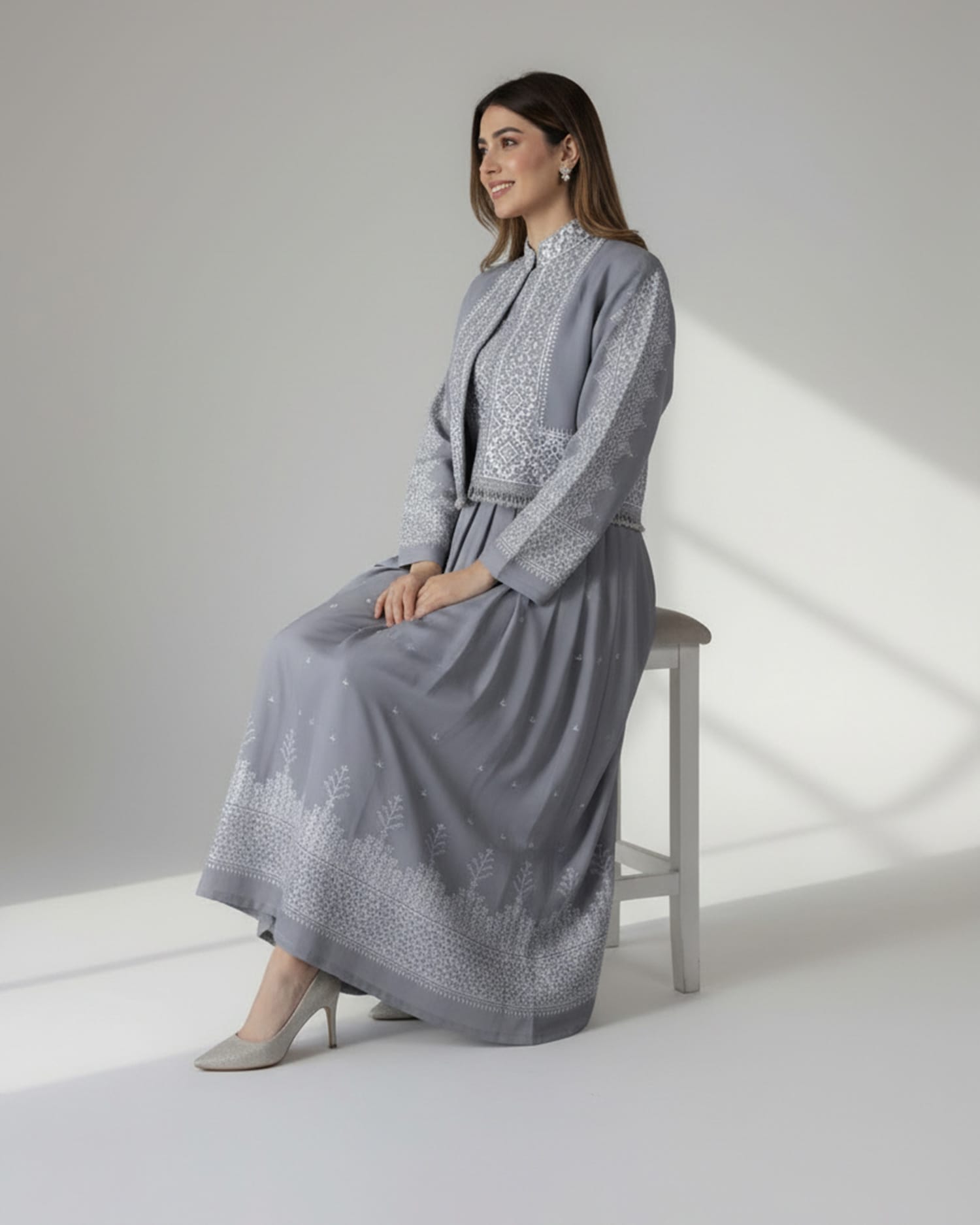 Grey Hazargi Traditional Dress with Embroidered Vest