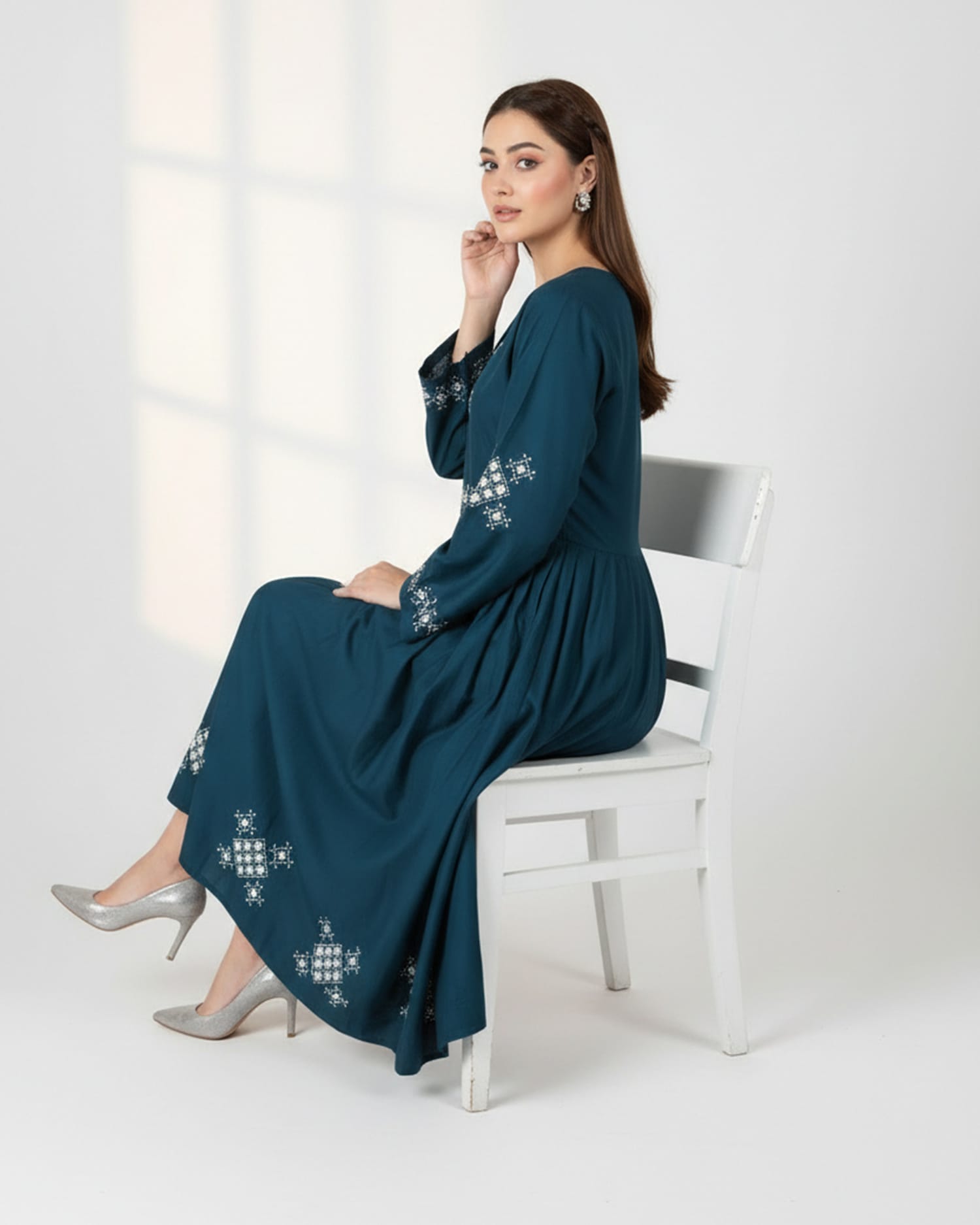 Deep Teal Women’s Glass Embroidered Dress