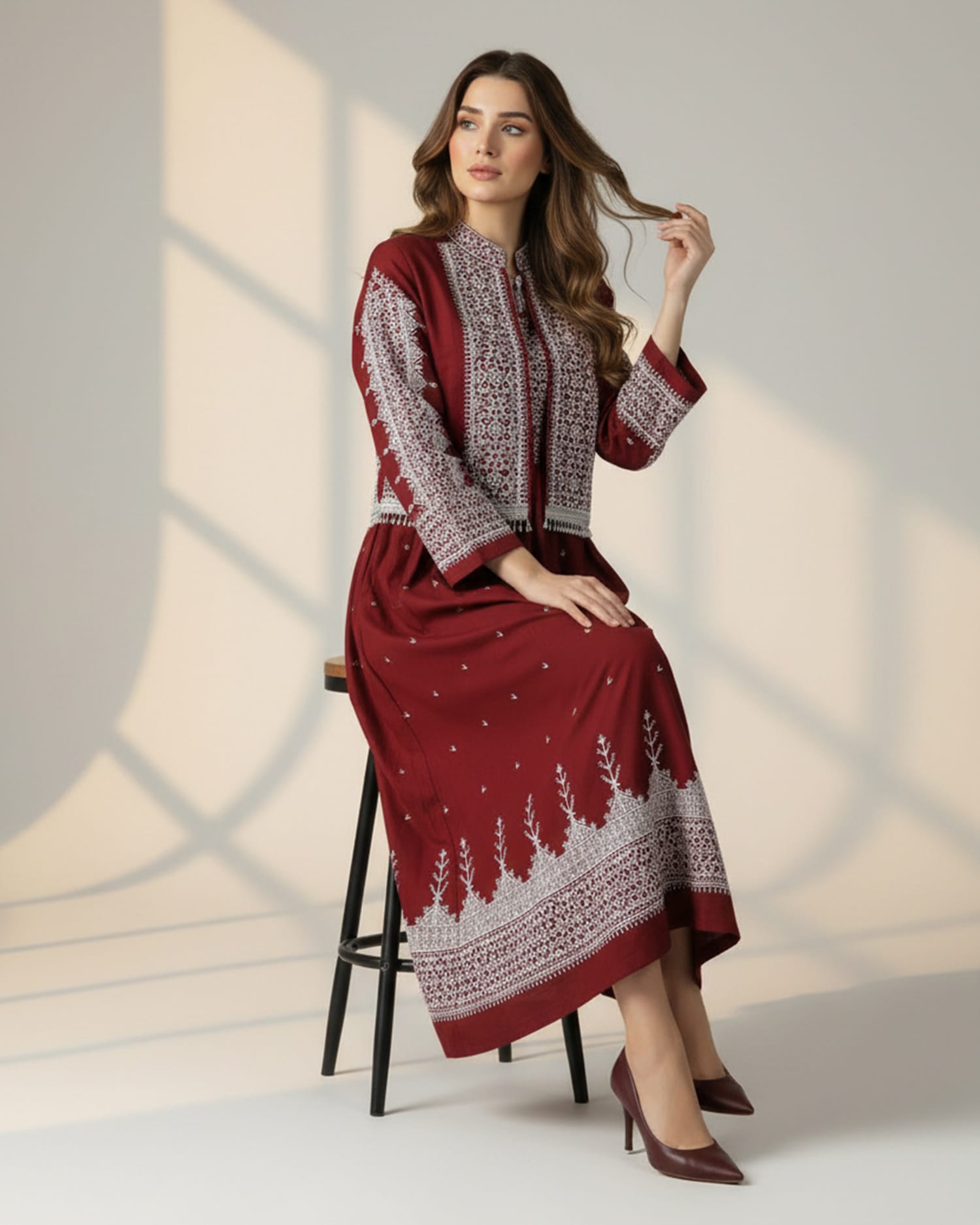 Burgundy Handmade Afghan Dress with Embroidered Vest