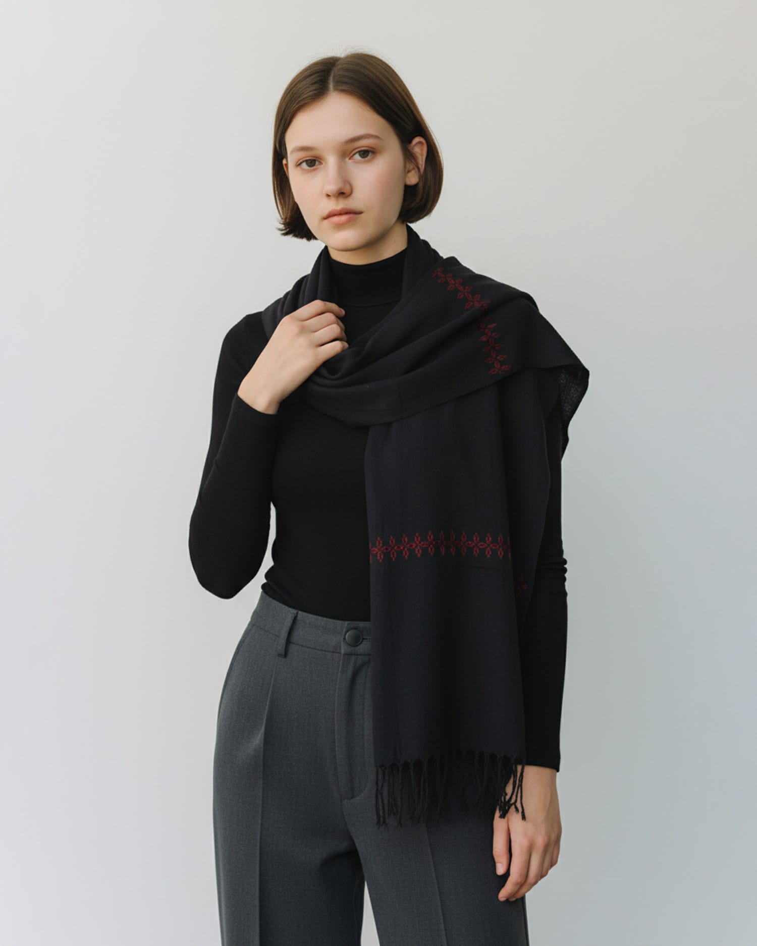 Black Cotton Chador Scarf with Red Embroidered Detail