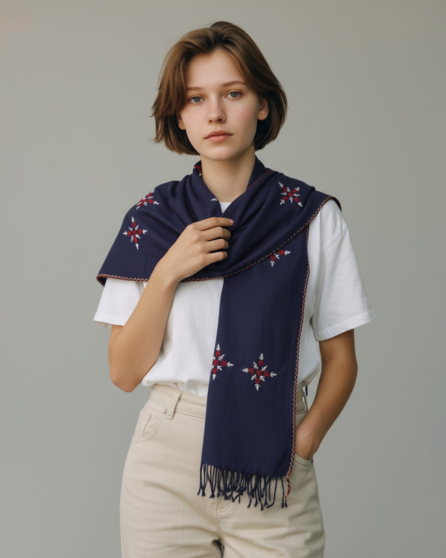 Navy Blue Cotton Chador with Hand Embroidery