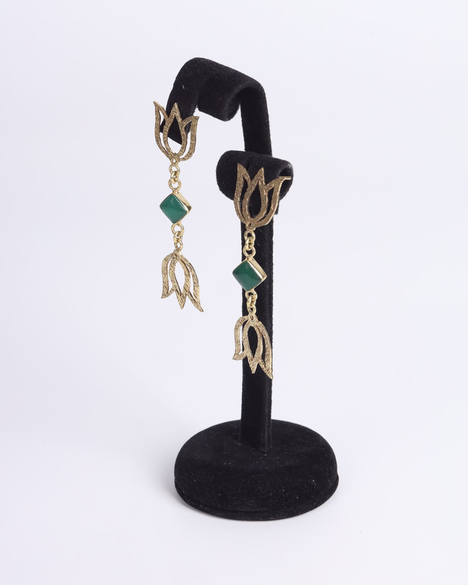 Green Agate Earrings | Floral Gold-Plated Brass Setting