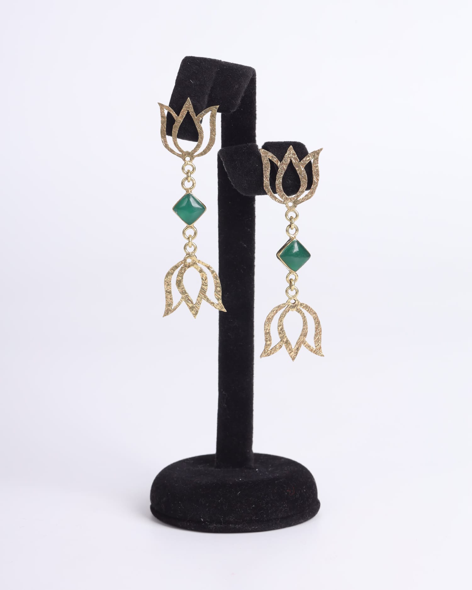 Green Agate Earrings | Floral Gold-Plated Brass Setting