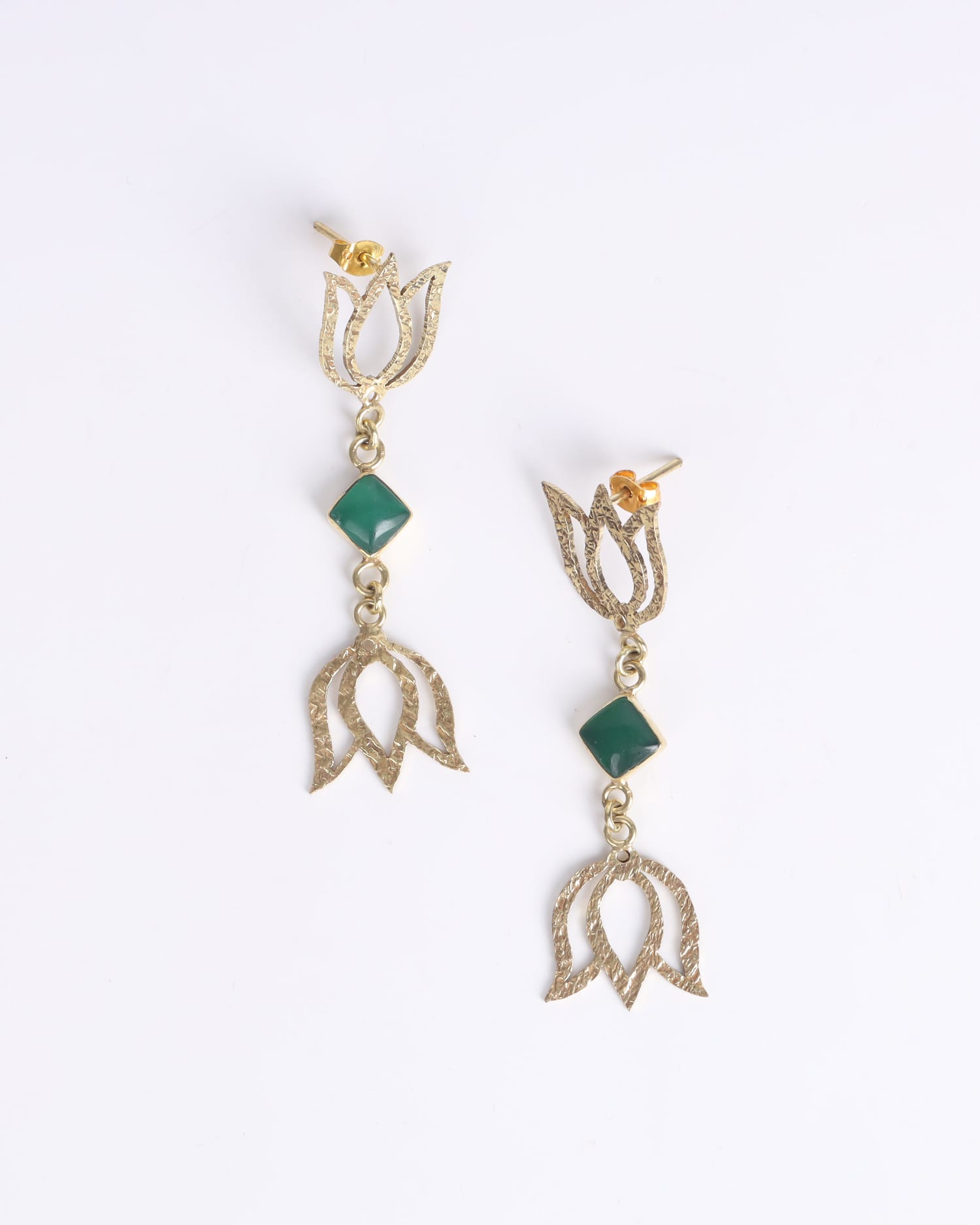 Green Agate Earrings | Floral Gold-Plated Brass Setting