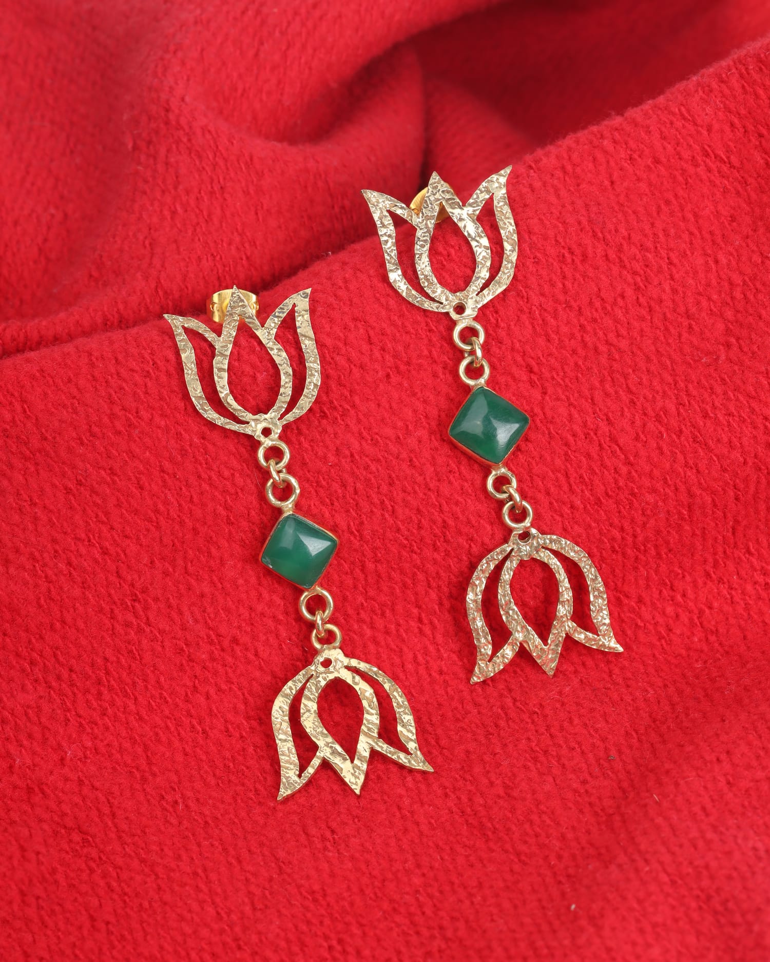 Green Agate Earrings | Floral Gold-Plated Brass Setting