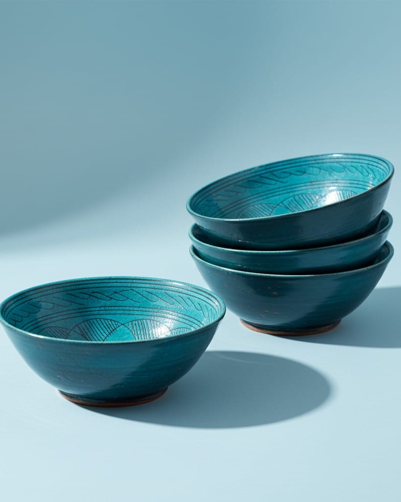 Istalif Medium Footed Clay Turquoise Handmade set of 4 Bowls