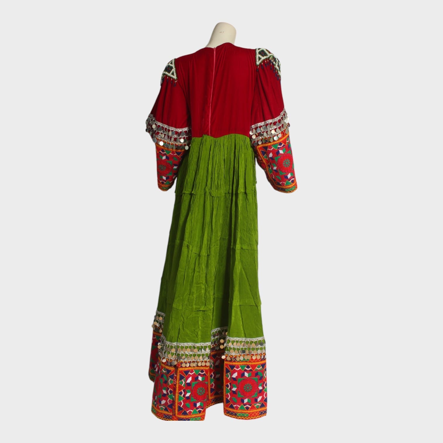 Afghani Nomadic Kuchi Dress – Hand-Embroidered Traditional Green and Red Dress