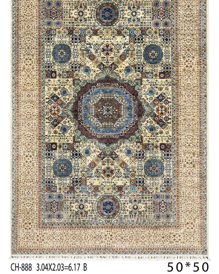 Handmade Afghani Mamluk Inspired Carpet – Geometric Medallion Rug in Ivory & Blue