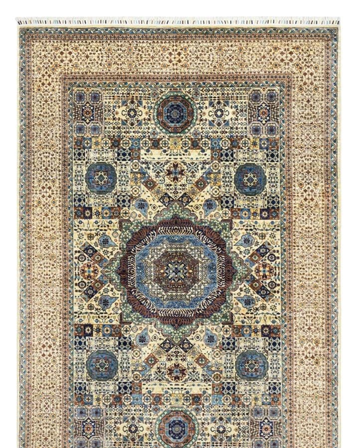 Handmade Afghani Mamluk Inspired Carpet – Geometric Medallion Rug in Ivory & Blue