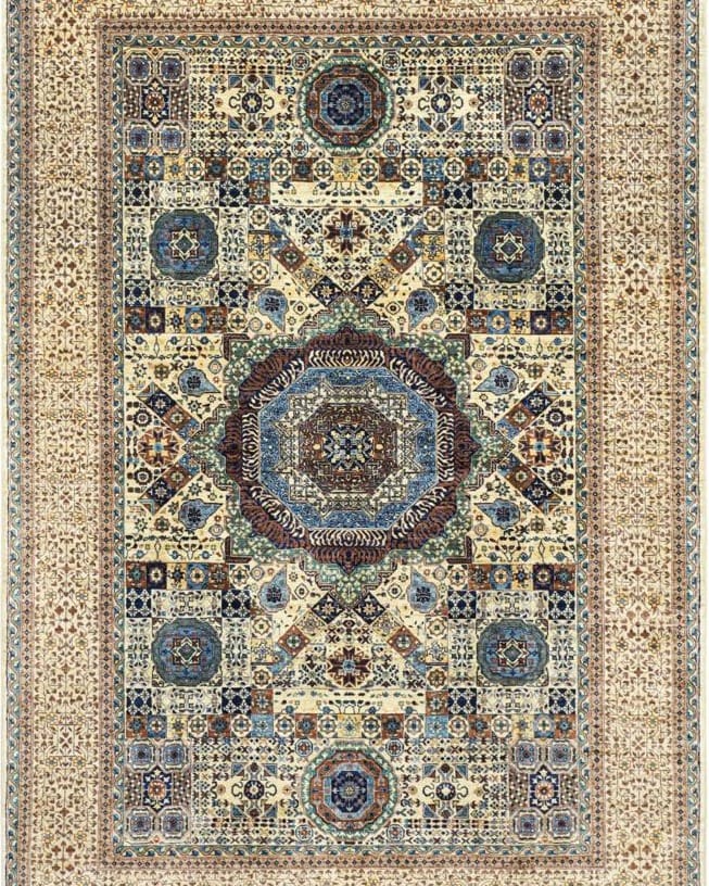 Handmade Afghani Mamluk Inspired Carpet – Geometric Medallion Rug in Ivory & Blue