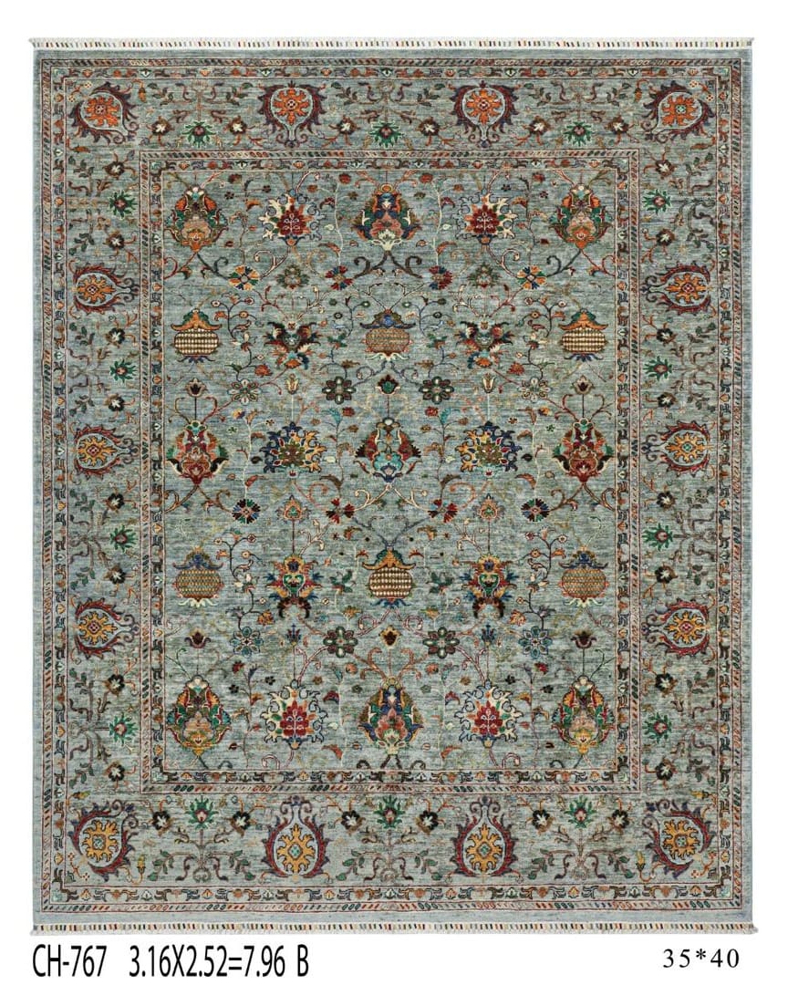 Handmade Afghani Chobi Style Carpet – Light Blue Floral Wool Rug