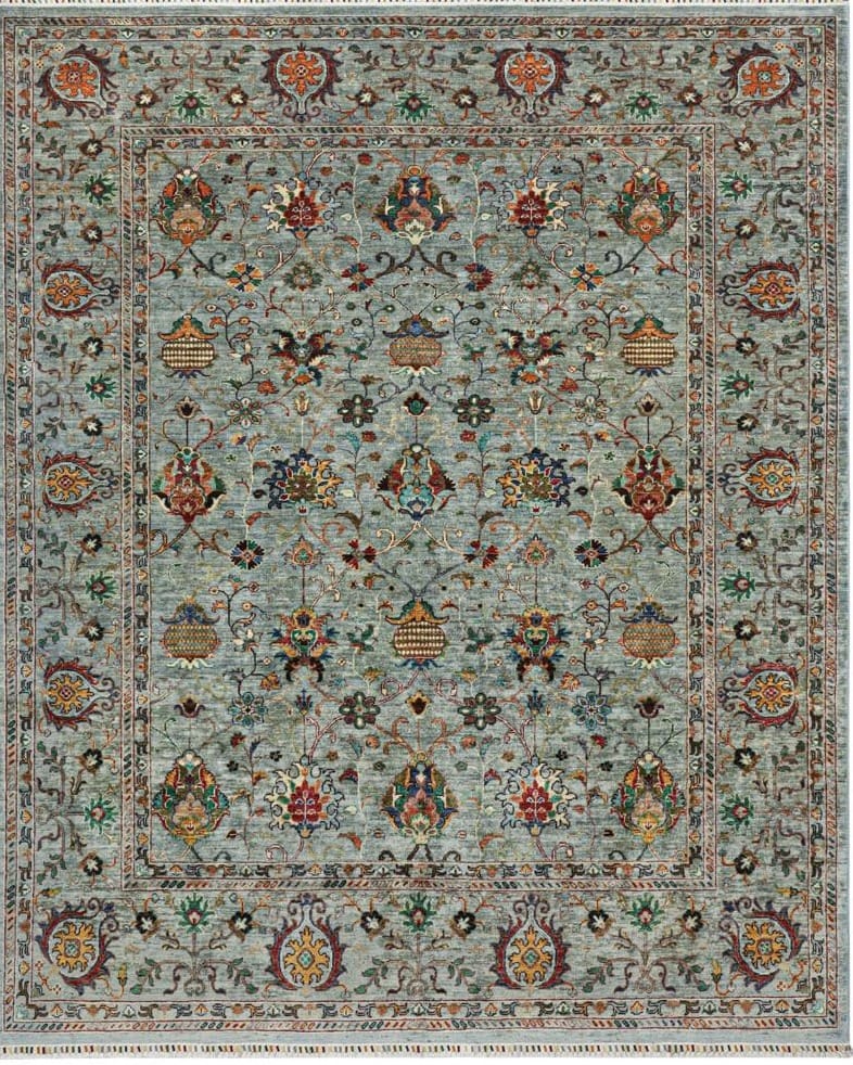 Handmade Afghani Chobi Style Carpet – Light Blue Floral Wool Rug