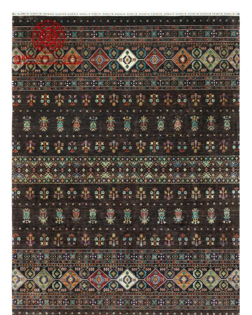 Handmade Afghani Tribal Wool Carpet – Dark Brown Geometric Rug