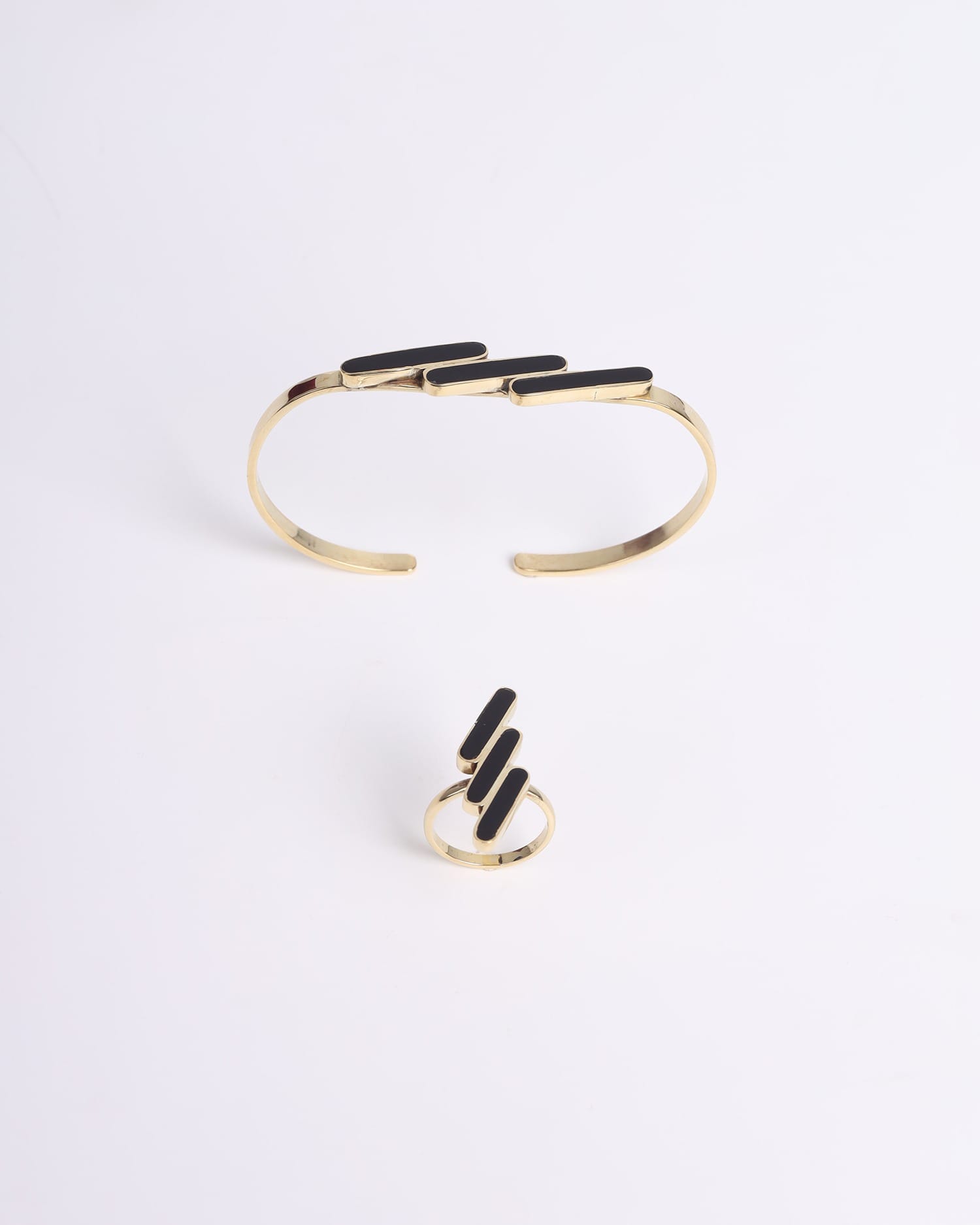 Semi Classic Black Agate Bracelet & Ring Set – Gold Plated Handmade Jewelry