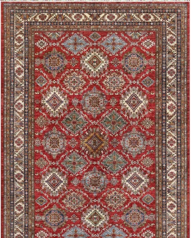 Handmade Afghani Wool Carpet – Red Geometric Floral Rug