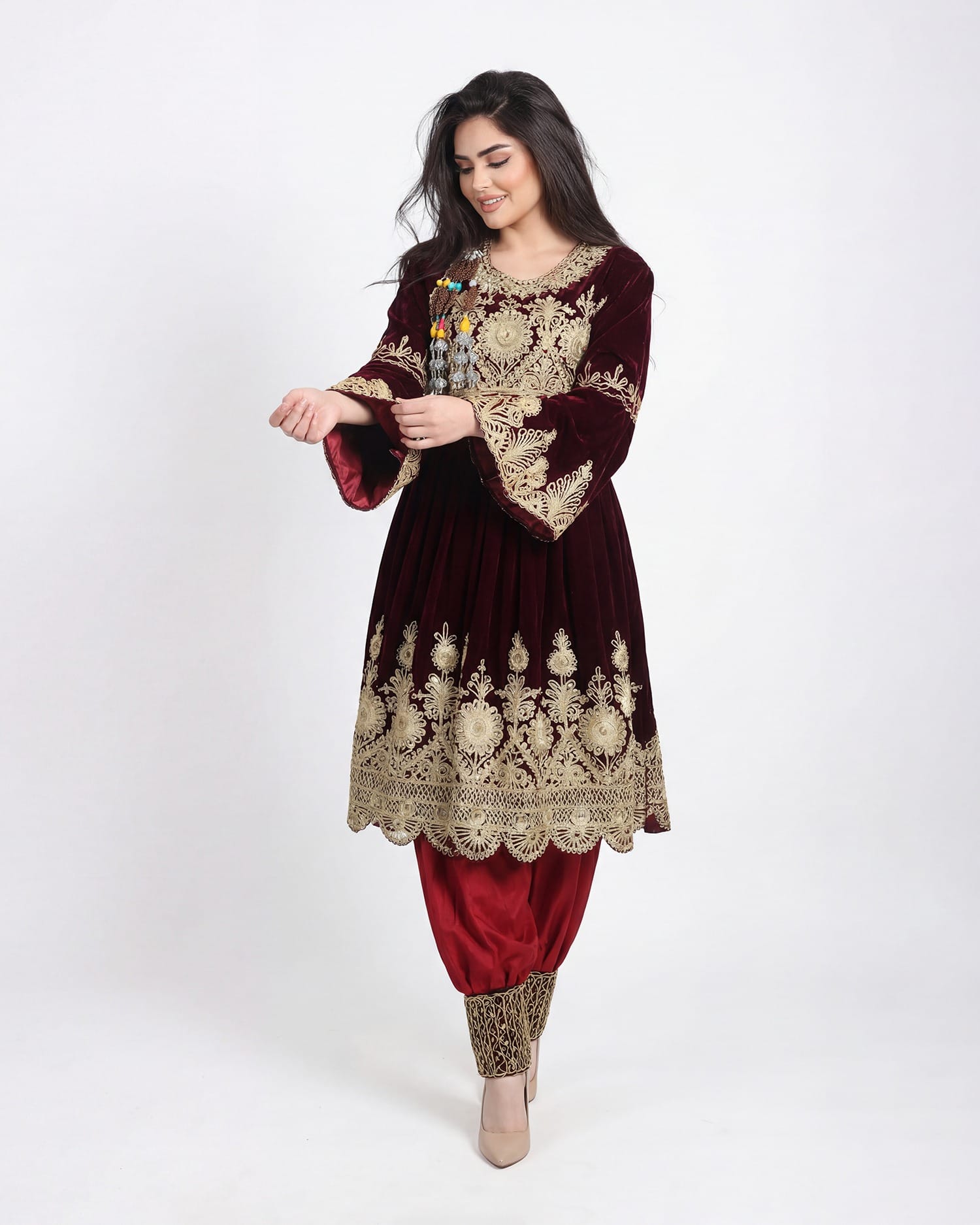 Velvet Dress with Golden Embroidery – Traditional Afghan Fashion