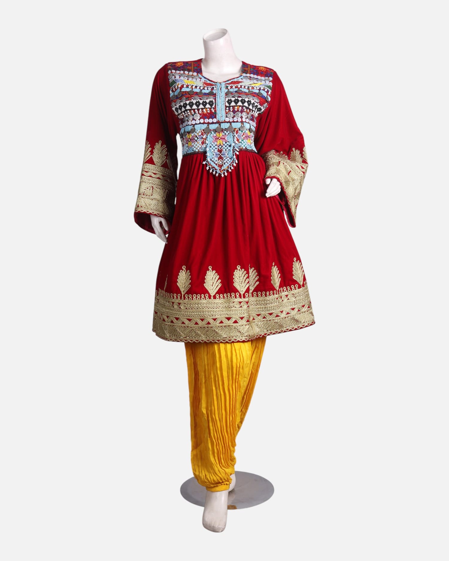 Red Afghani Dress with Yellow Pants – Handcrafted Traditional Fashion