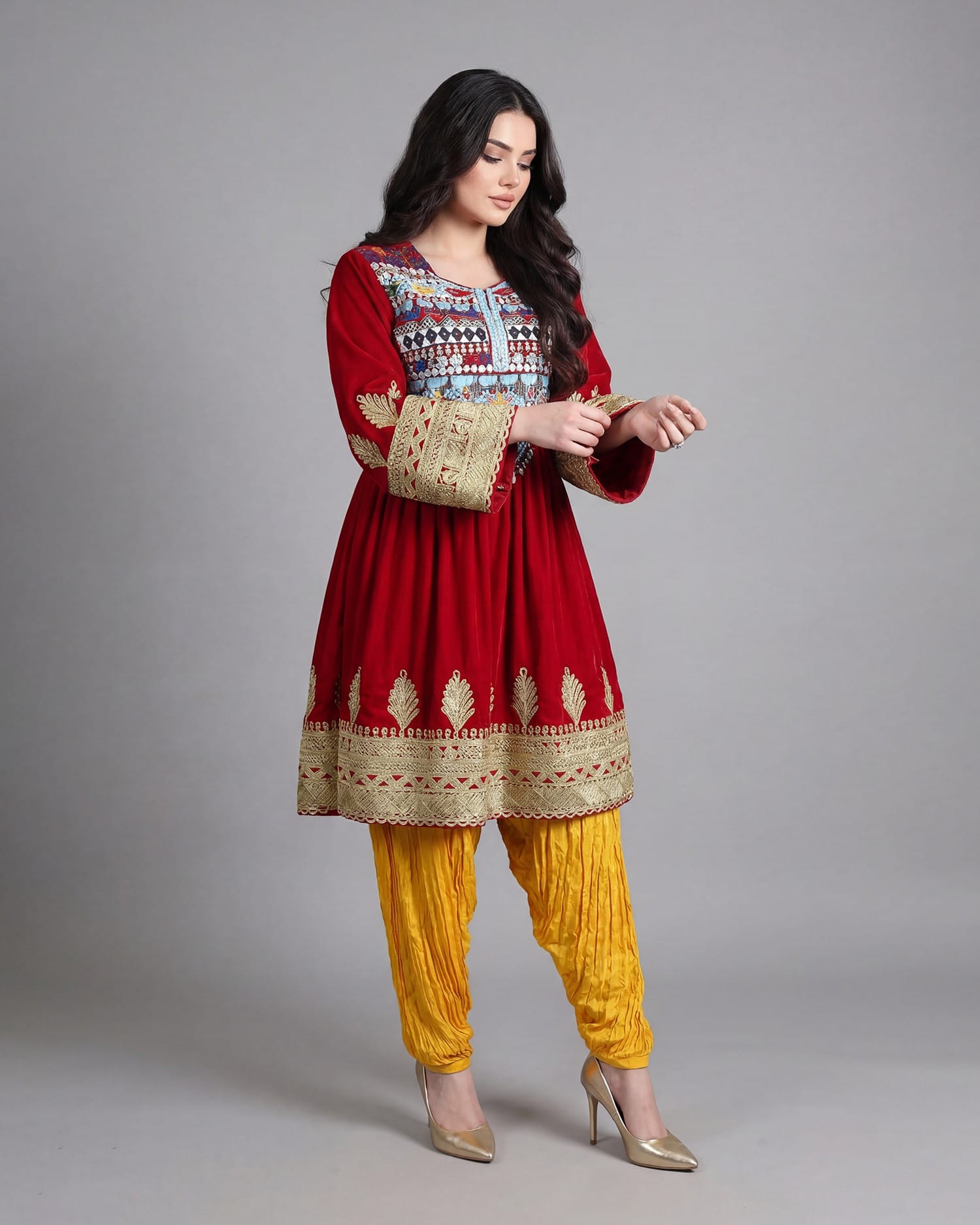 Red Afghani Dress with Yellow Pants – Handcrafted Traditional Fashion
