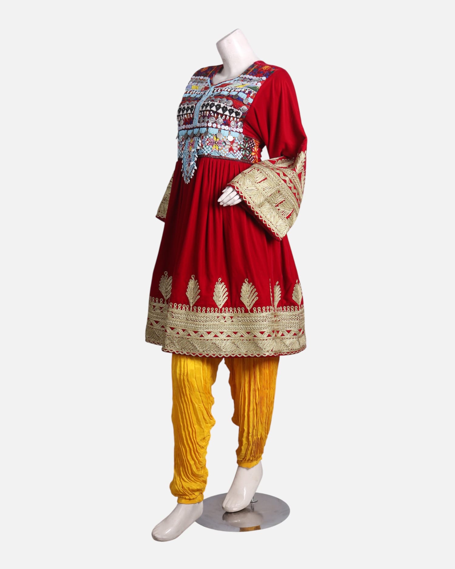Red Afghani Dress with Yellow Pants – Handcrafted Traditional Fashion