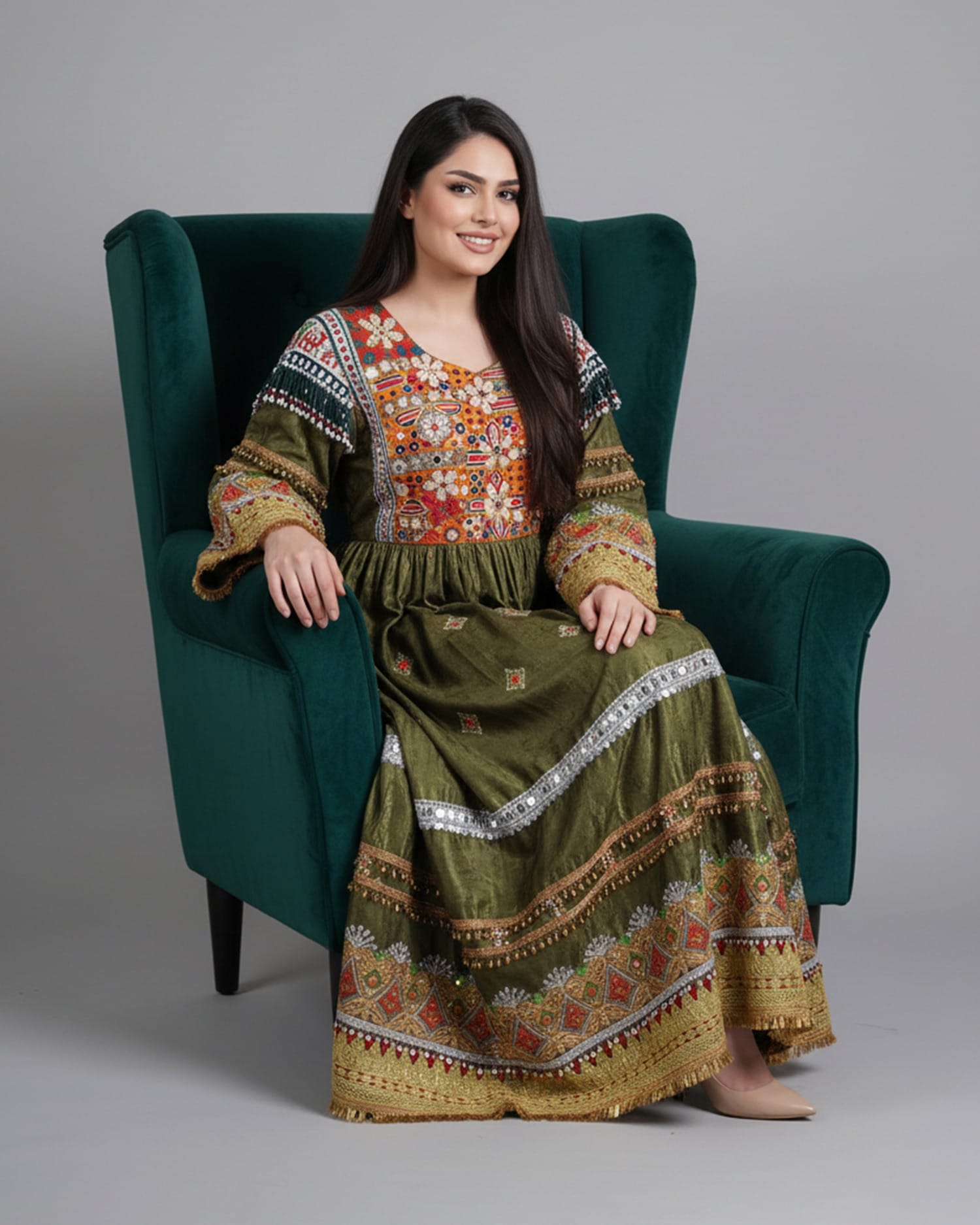 Elegant Afghan Velvet Dress – Green with Intricate Colorful Embroidery and Matching Pants
