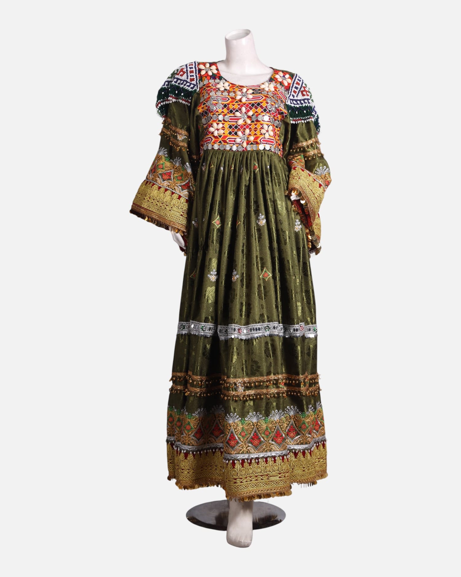 Elegant Afghan Velvet Dress – Green with Intricate Colorful Embroidery and Matching Pants