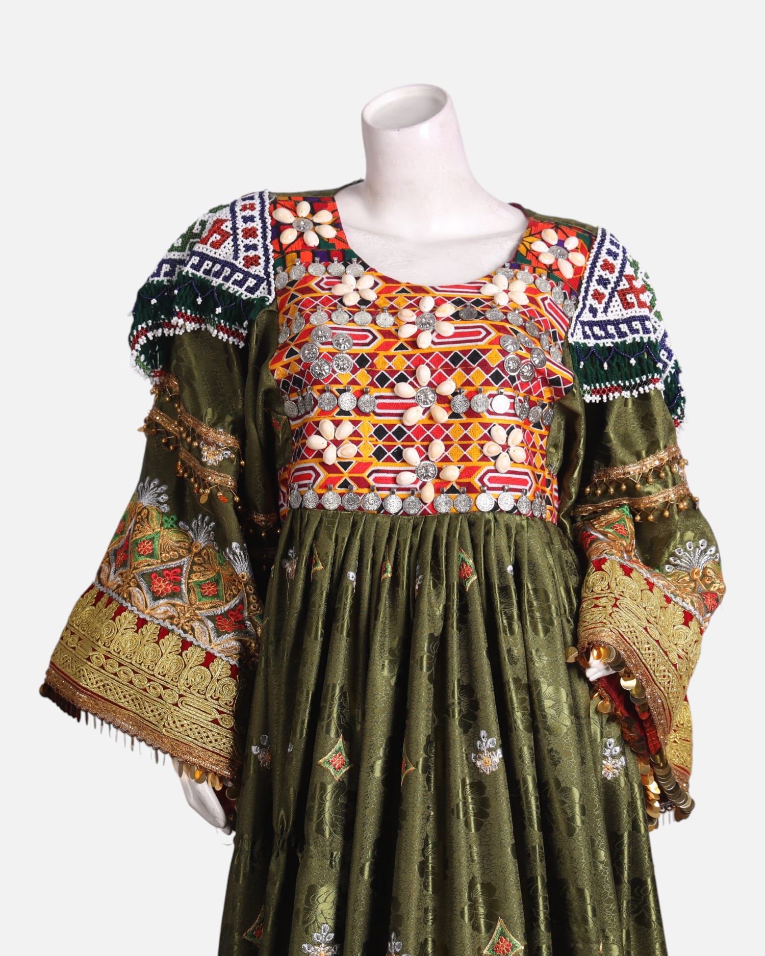 Elegant Afghan Velvet Dress – Green with Intricate Colorful Embroidery and Matching Pants