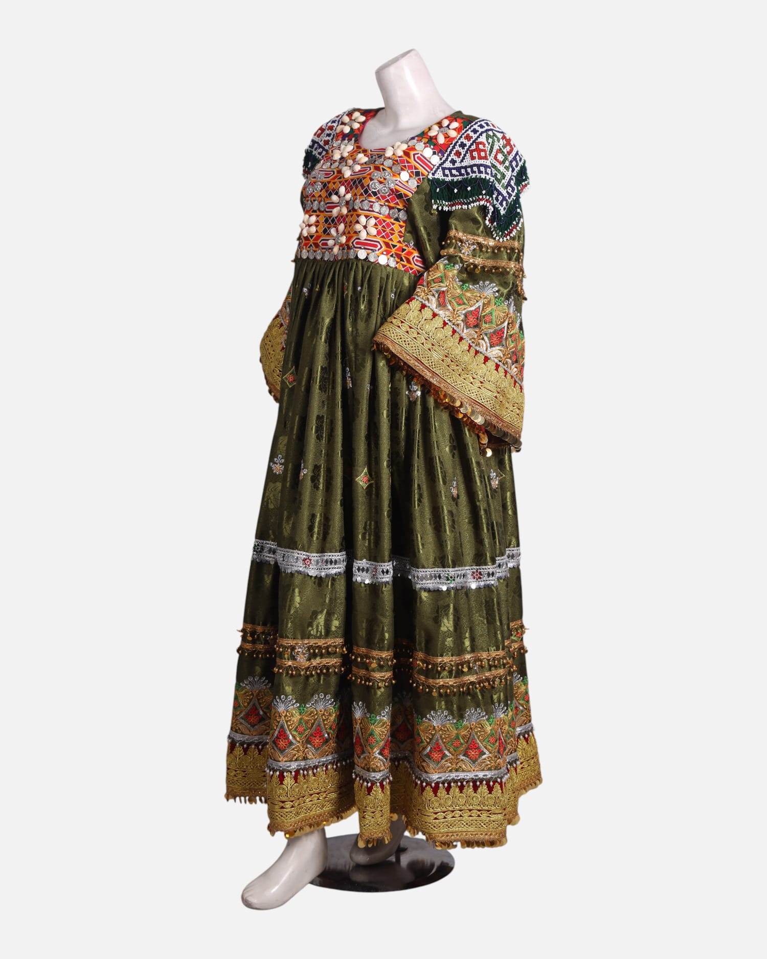 Elegant Afghan Velvet Dress – Green with Intricate Colorful Embroidery and Matching Pants