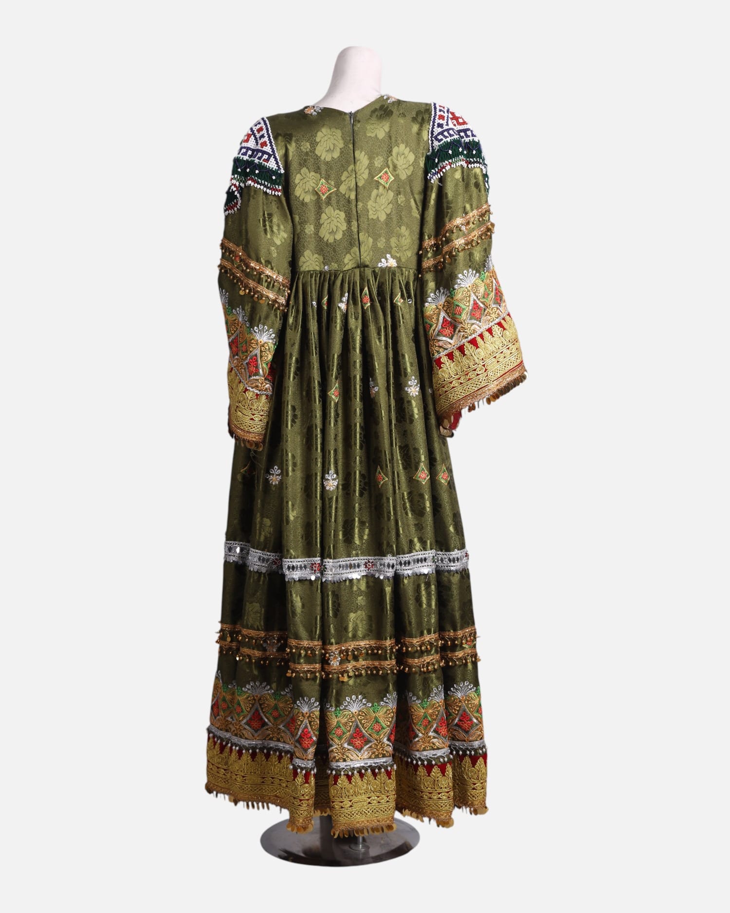 Elegant Afghan Velvet Dress – Green with Intricate Colorful Embroidery and Matching Pants