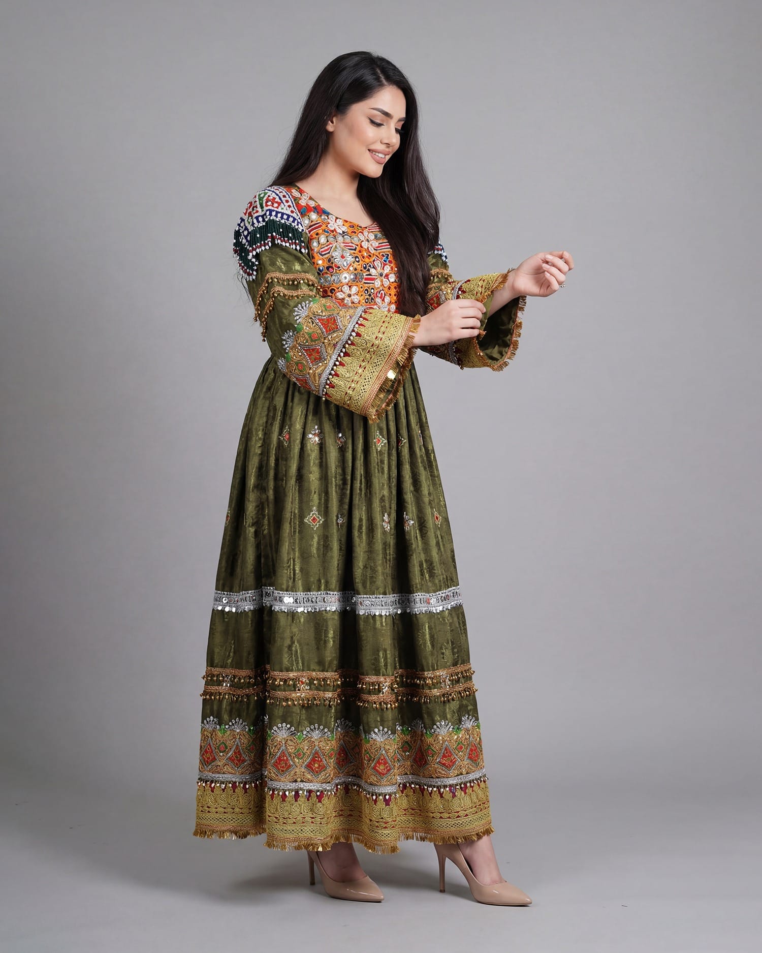 Elegant Afghan Velvet Dress – Green with Intricate Colorful Embroidery and Matching Pants
