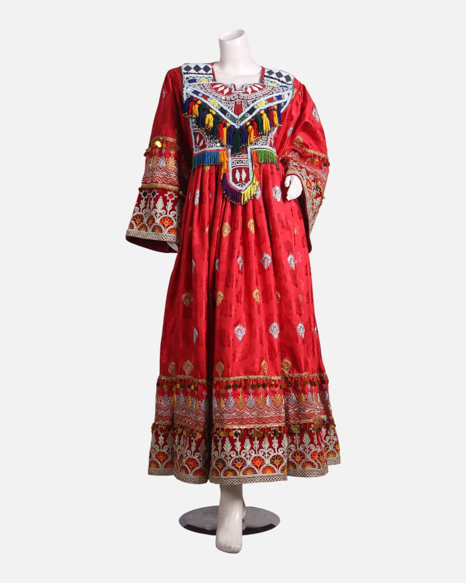 Red Dress with Vibrant Colorful Embroidery – Traditional Afghan Design