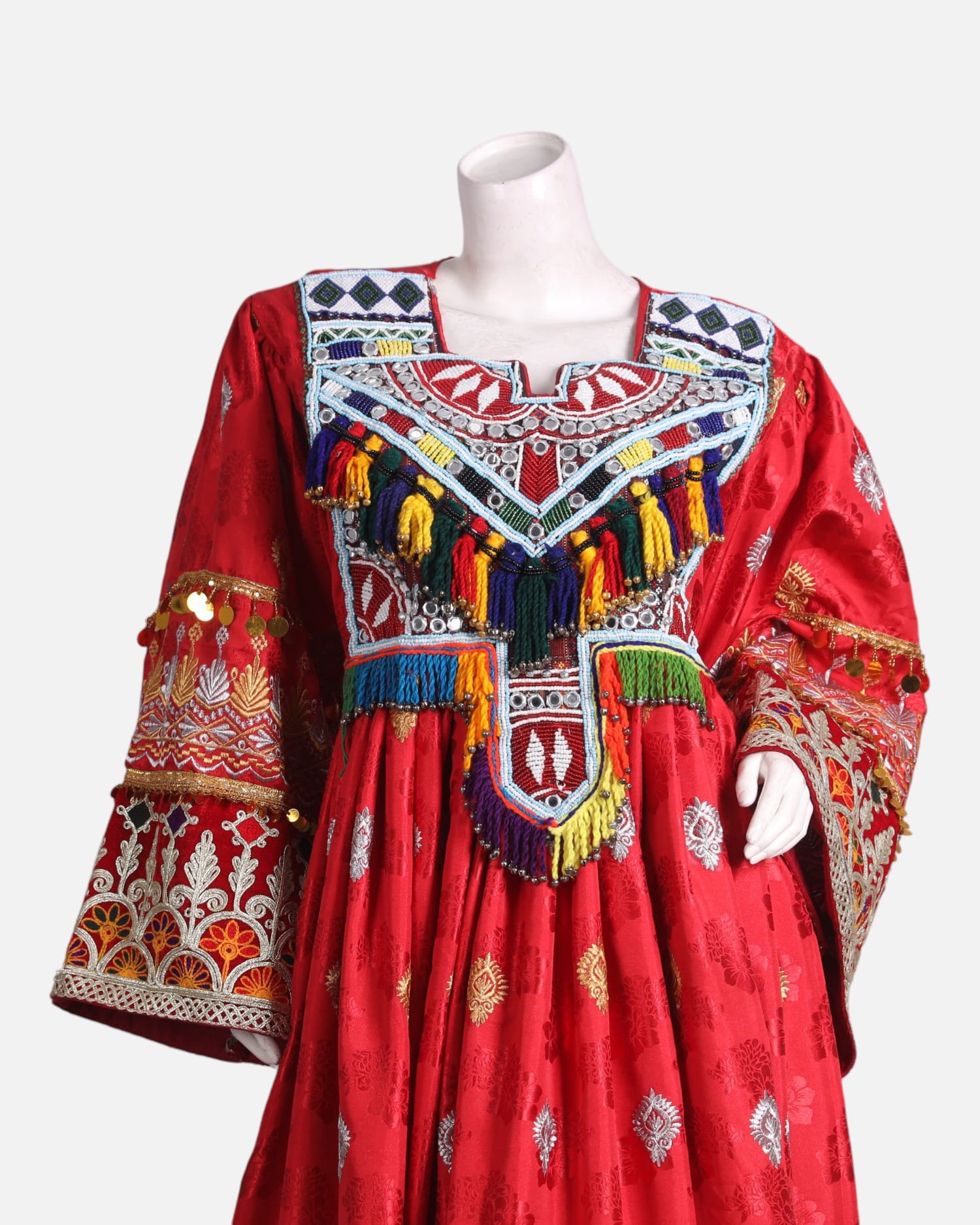 Red Dress with Vibrant Colorful Embroidery – Traditional Afghan Design