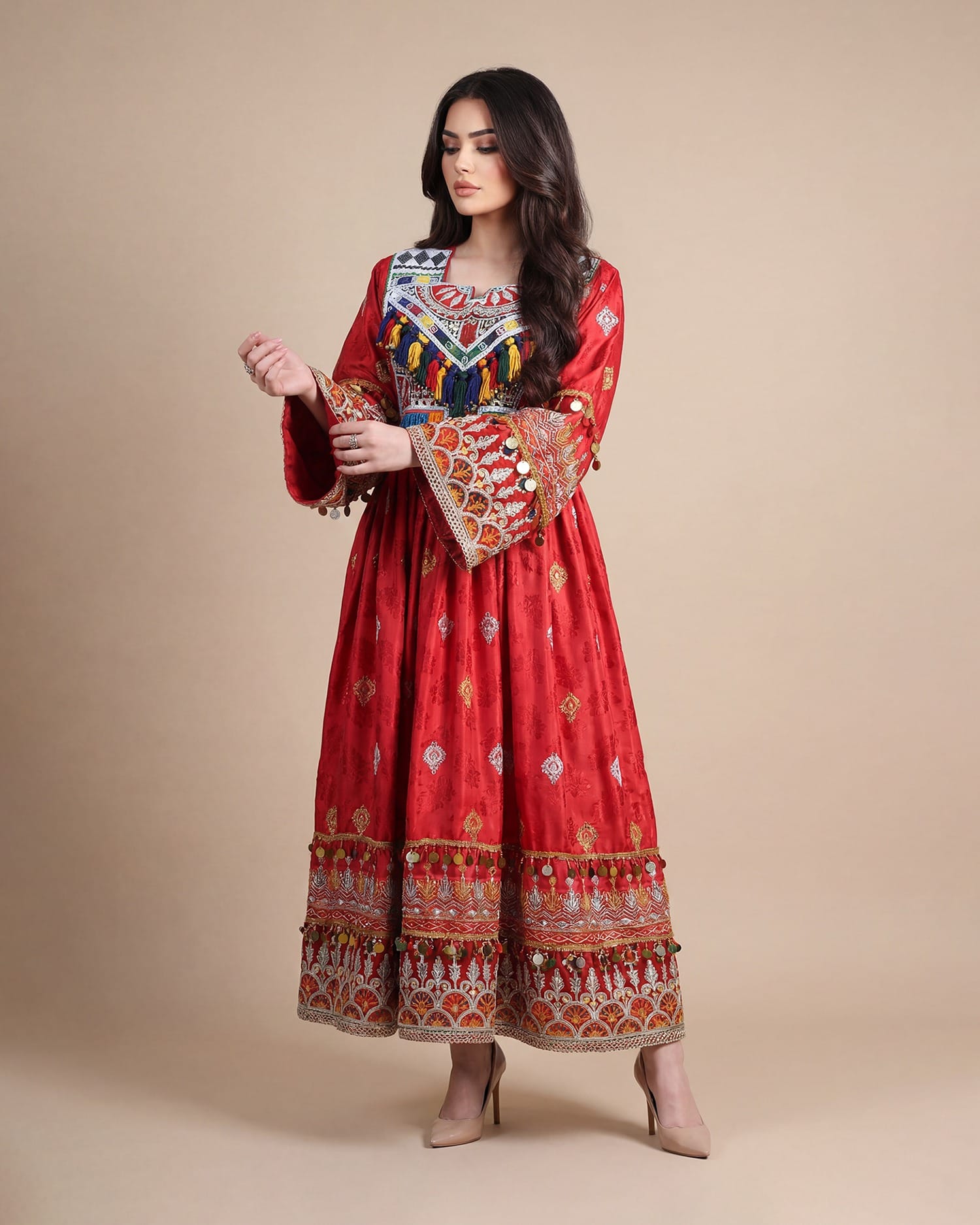 Red Dress with Vibrant Colorful Embroidery – Traditional Afghan Design