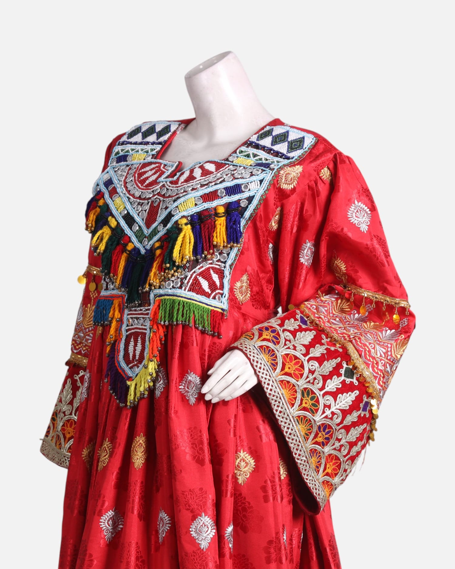 Red Dress with Vibrant Colorful Embroidery – Traditional Afghan Design