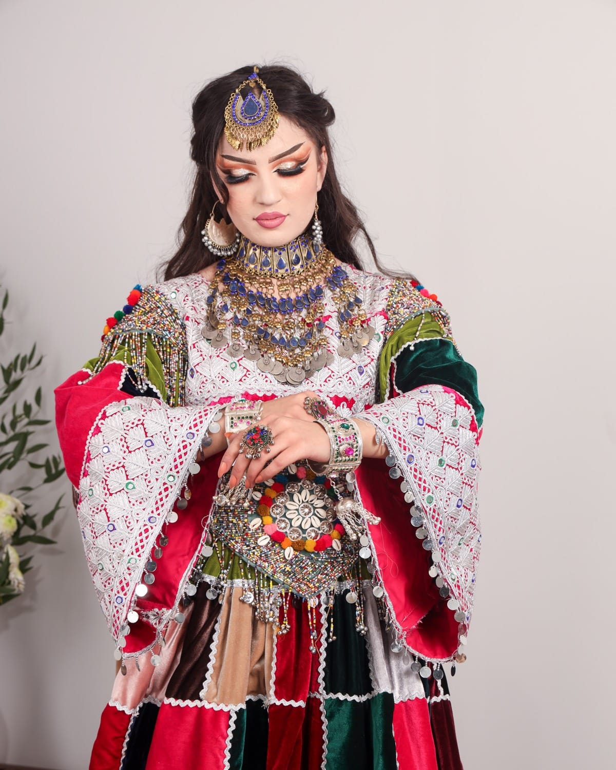 Colorful Afghan Velvet Dress – Hand-Embroidered Patchwork for Special Occasions