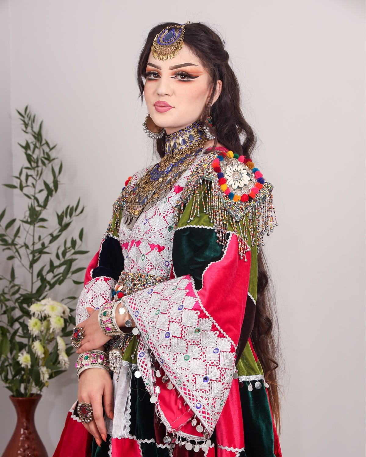 Colorful Afghan Velvet Dress – Hand-Embroidered Patchwork for Special Occasions